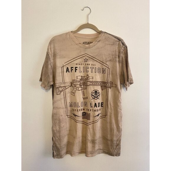 Affliction Freedom Defender Distressed Graphic T-Shirt Tan Mens Size L - Picture 1 of 3